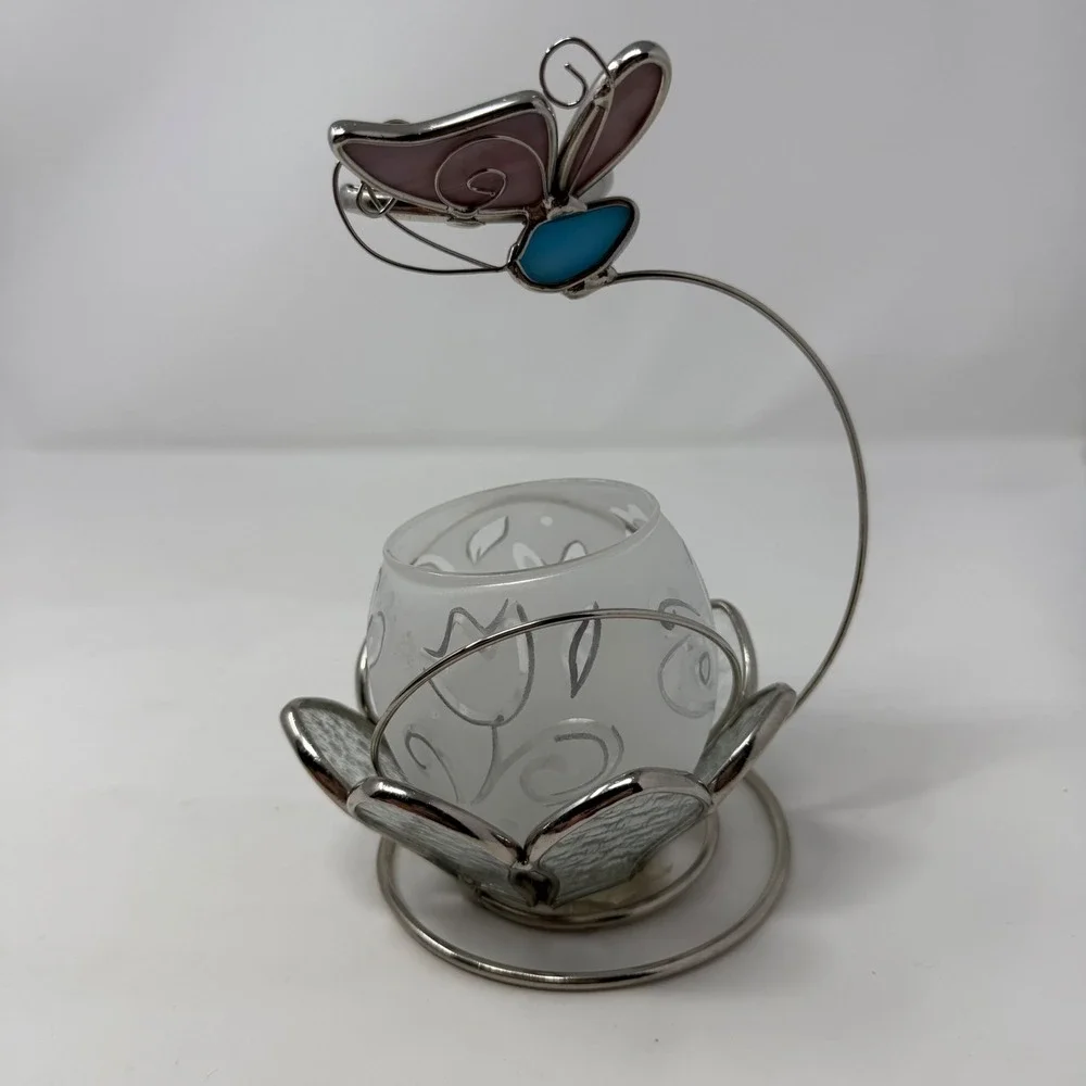 Stained Glass Butterfly Votive Candle Holder Frosted Floral Glass Purple Blue 7